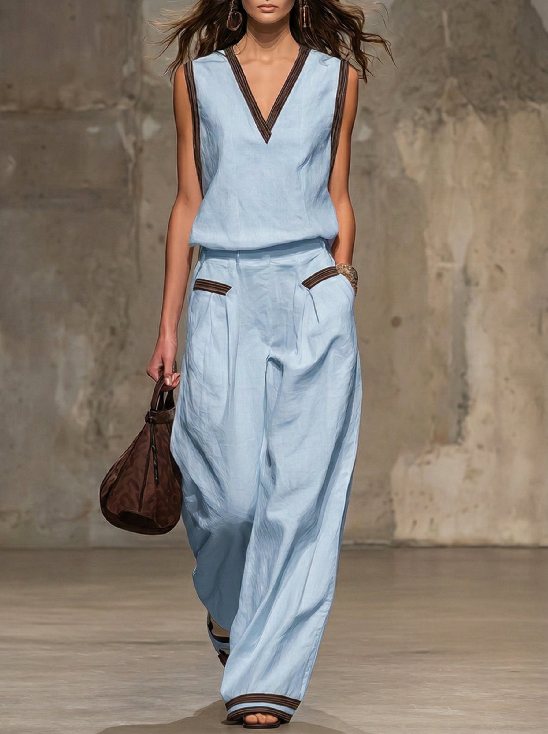 Casual Retro Brown-trimmed White Cotton Linen Sleeveless Top And Pants Set