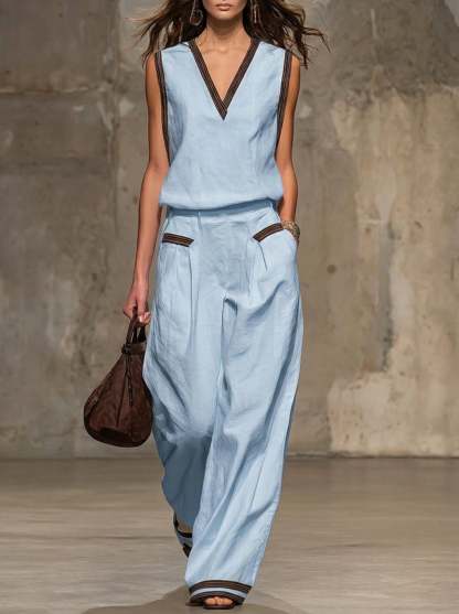 Casual Retro Brown-trimmed White Cotton Linen Sleeveless Top And Pants Set