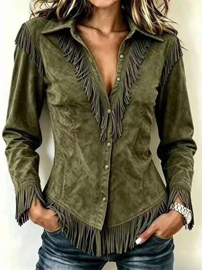 Women's Shirt Blouse Patchwork Buttons Fringe Plain Bohemia Stylish Western Long Sleeve Shirt Collar Regular Tops