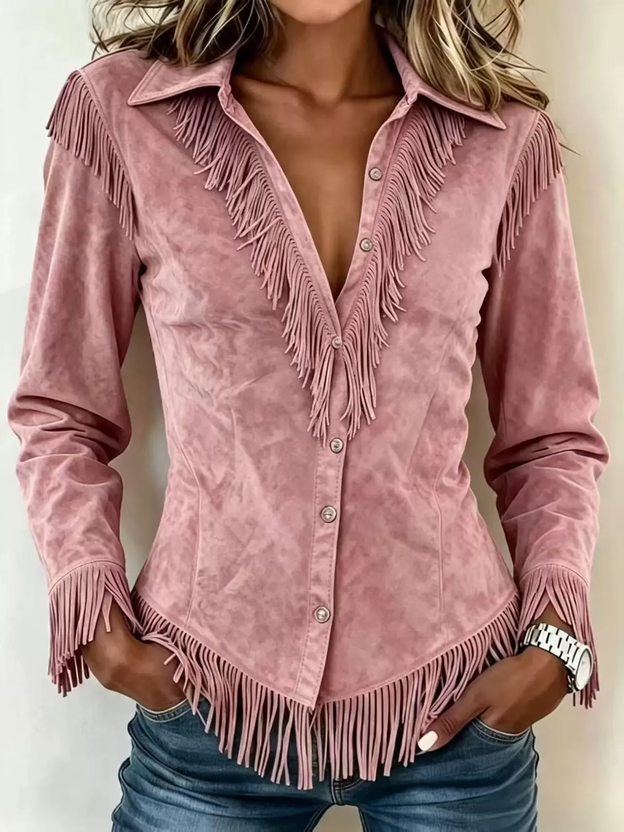 Women's Shirt Blouse Patchwork Buttons Fringe Plain Bohemia Stylish Western Long Sleeve Shirt Collar Regular Tops