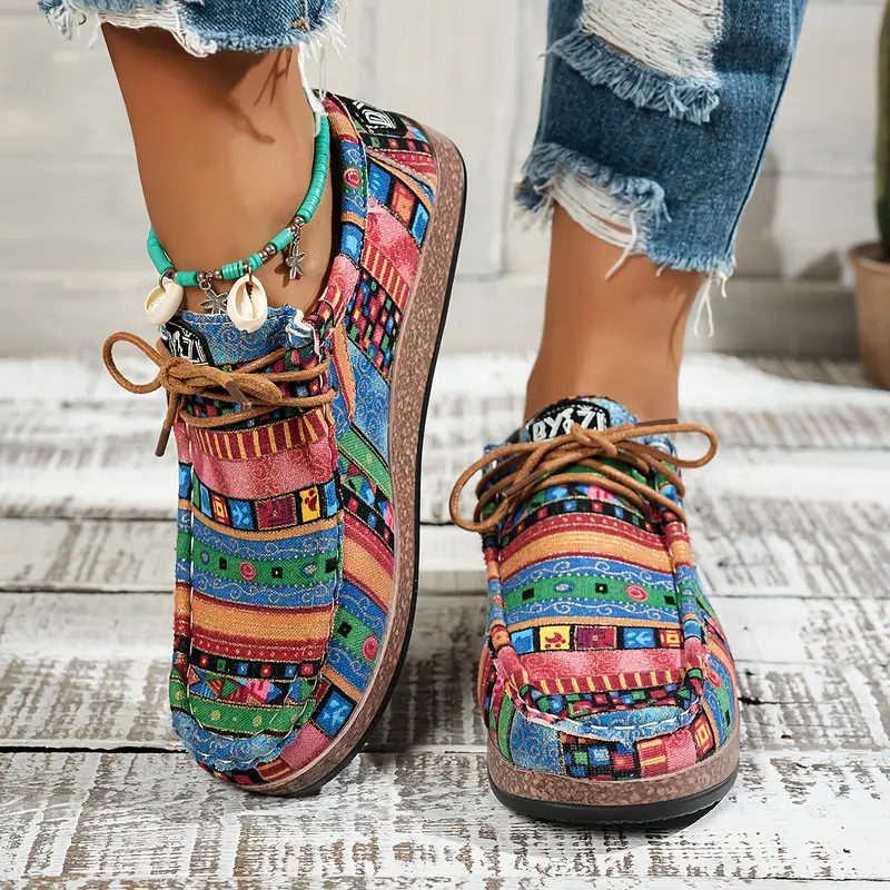 Women's Ethnic-Style Lace-Up Canvas Orthopedic Flats with Colorful Graffiti Print