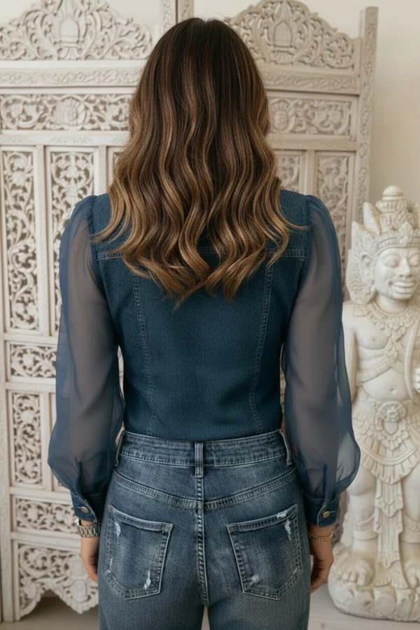 Women's Denim Fabric & Mesh Patchwork Shirt