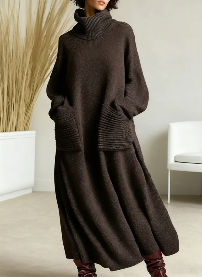 🎄 New Arrivals🔥 Women's Solid Color High-Neck Long-Sleeve Casual Loose Knit Dress