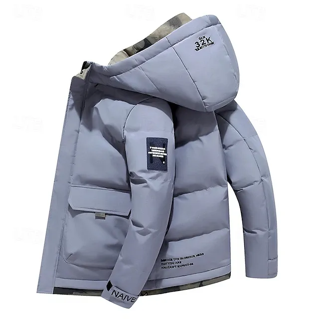 Men's Winter Coat Puffer Jacket Quilted Jacket Padded Hooded Leisure Sports Going out Windproof Fall & Winter Solid / Plain Color Black Blue Khaki Puffer Jacket