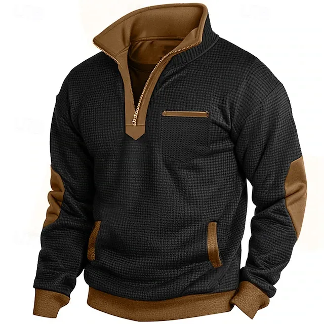 Men's Zip Up Sweatshirt Waffle Sweatshirt Pullover Black Navy Blue Half Zip Plain Pocket Casual Daily Work Polyester Active Vintage Cool Spring Fall Clothing Apparel Hoodies Sweatshirts Long Sleeve
