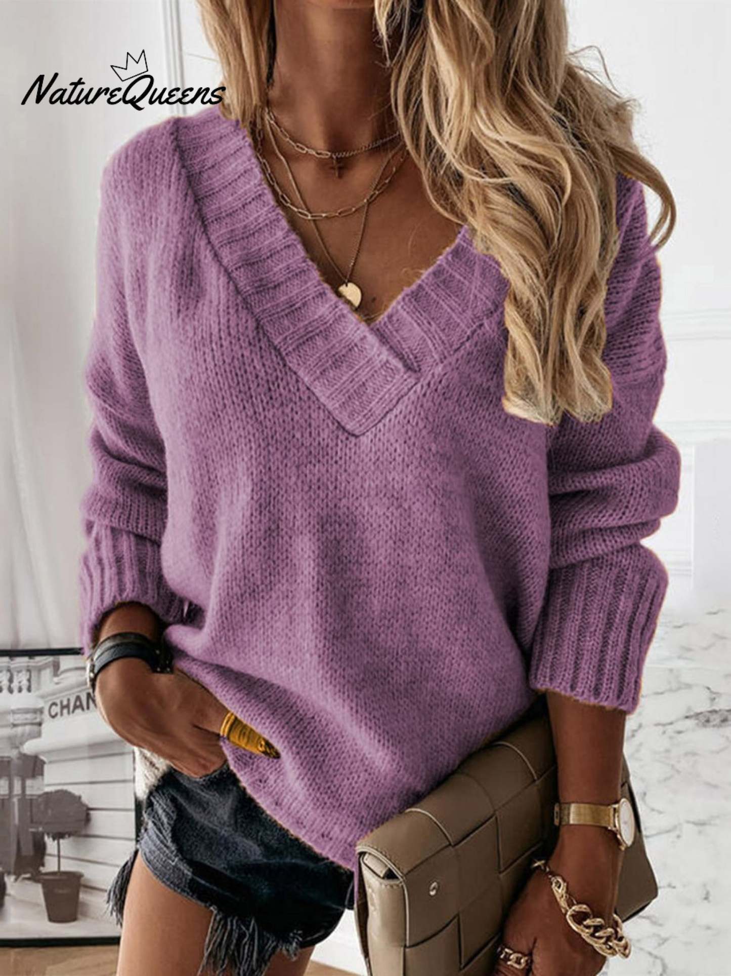 V-neck Long-sleeved Pullover Sweater Top