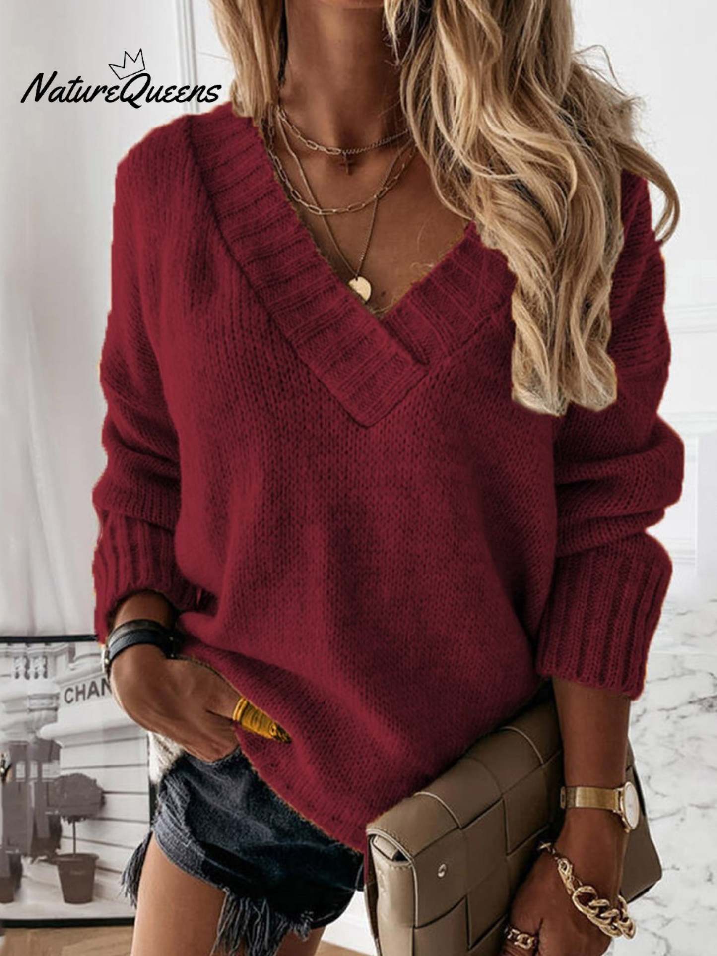 V-neck Long-sleeved Pullover Sweater Top