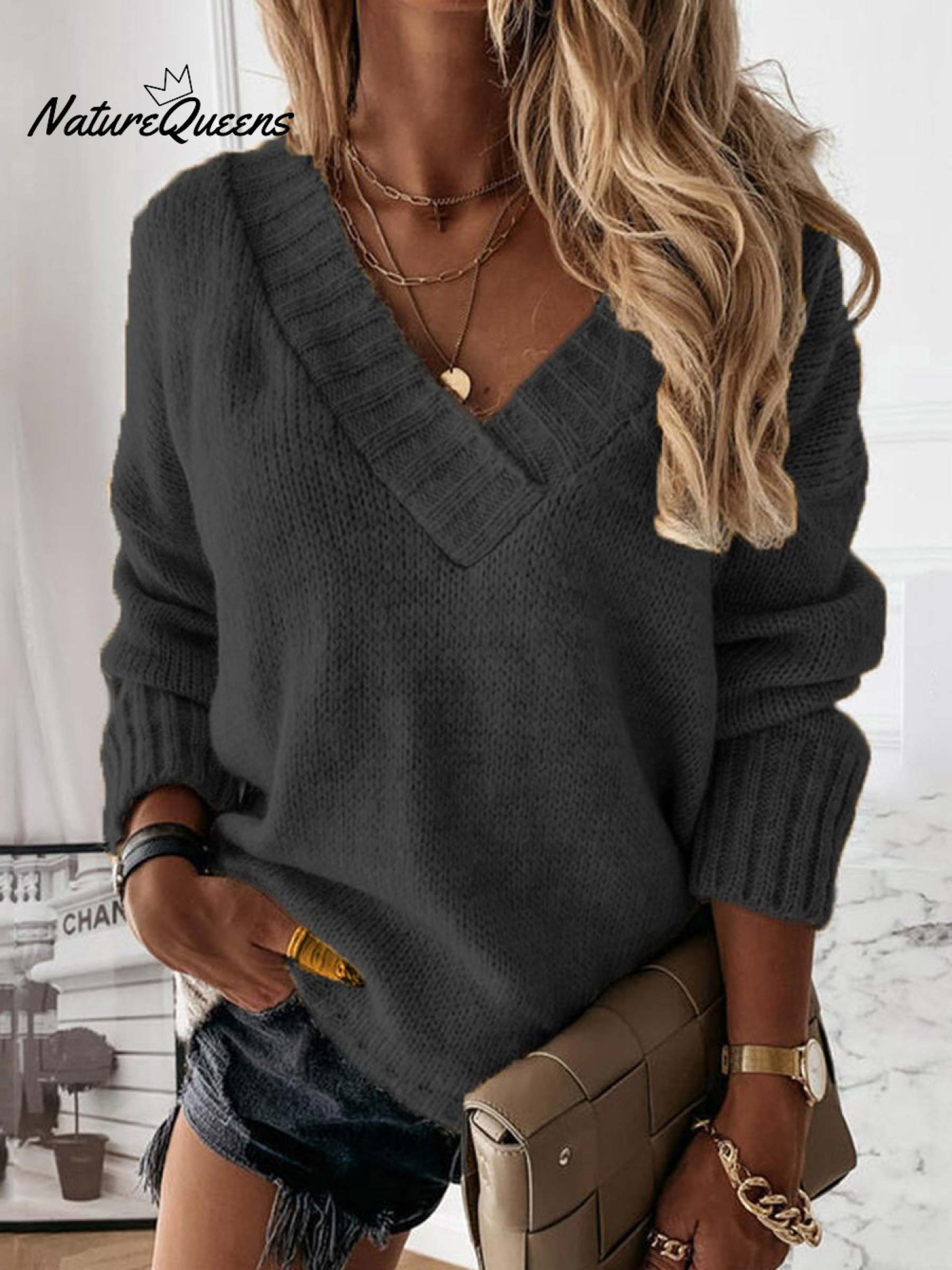 V-neck Long-sleeved Pullover Sweater Top