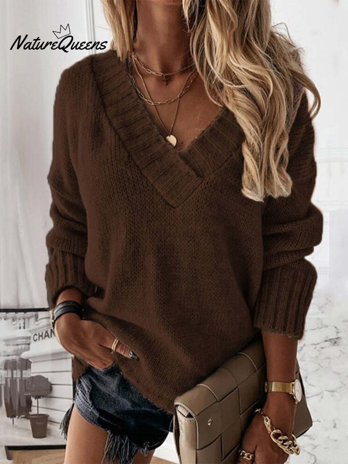 V-neck Long-sleeved Pullover Sweater Top