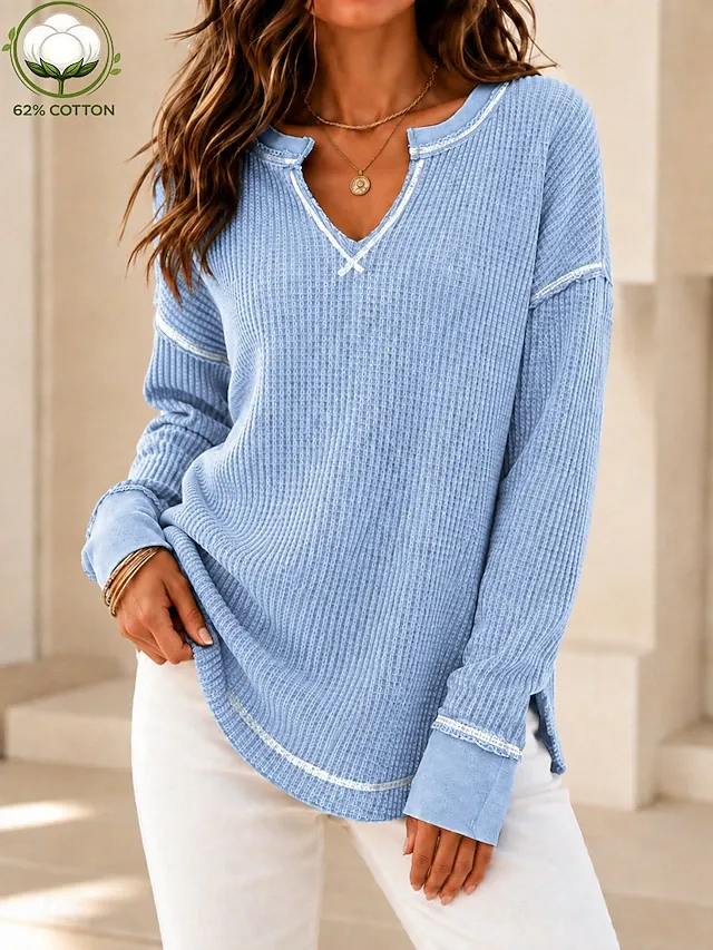 Women's Blouse Cotton Shirt Waffle Knit Tops