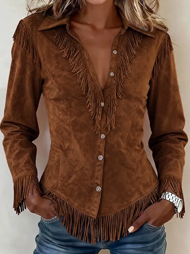 Women's Shirt Blouse Patchwork Buttons Fringe Plain Bohemia Stylish Western Long Sleeve Shirt Collar Regular Tops