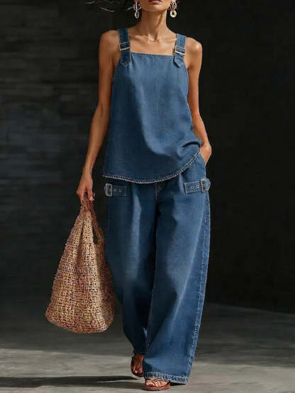 Women's Casual Denim Set: Square-neck Sleeveless Loose-fit Top & High-waisted Wide-leg Pants