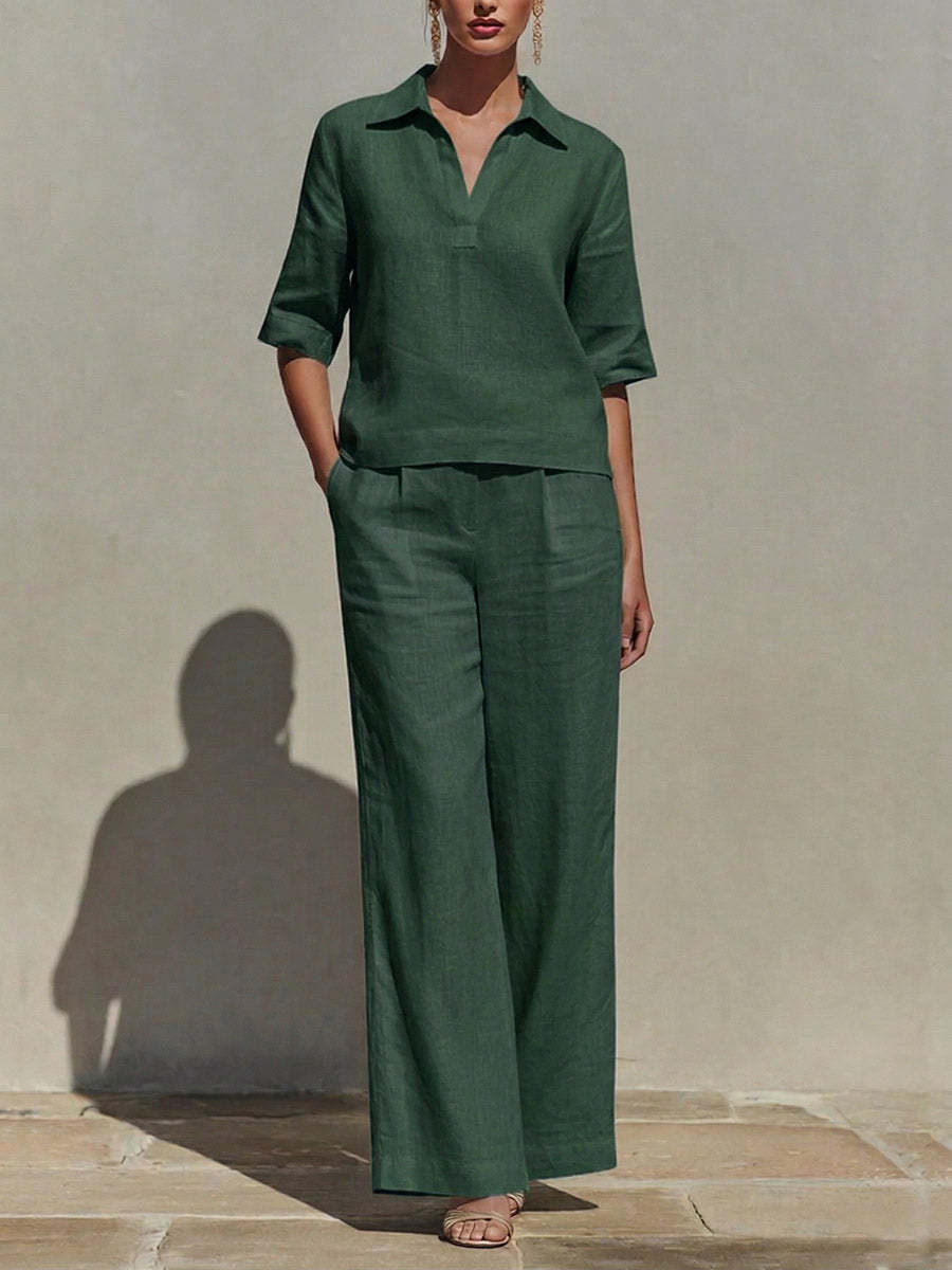 Women's Solid-color Cotton & Linen Set: V-neck Short-sleeve Loose-fit Top And High-waisted Wide-leg Pants
