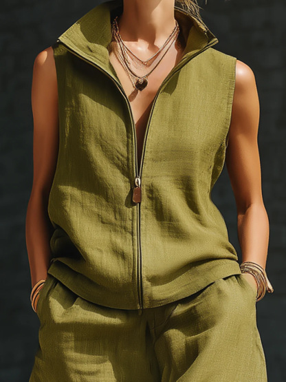 Stylish Stand-up Collar Zipper Linen Cotton Two-piece Set