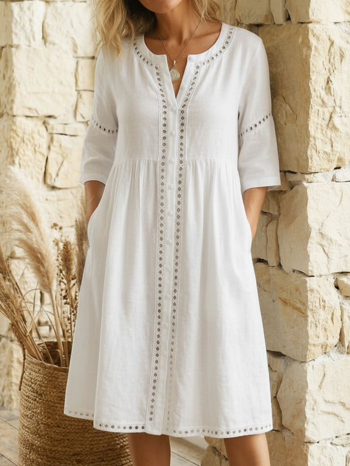 Casual & Cozy Lace-paneled Cotton-linen Dress