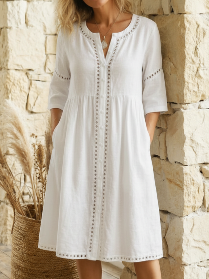Casual & Cozy Lace-paneled Cotton-linen Dress