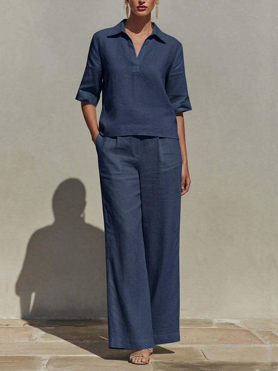 Women's Solid-color Cotton & Linen Set: V-neck Short-sleeve Loose-fit Top And High-waisted Wide-leg Pants
