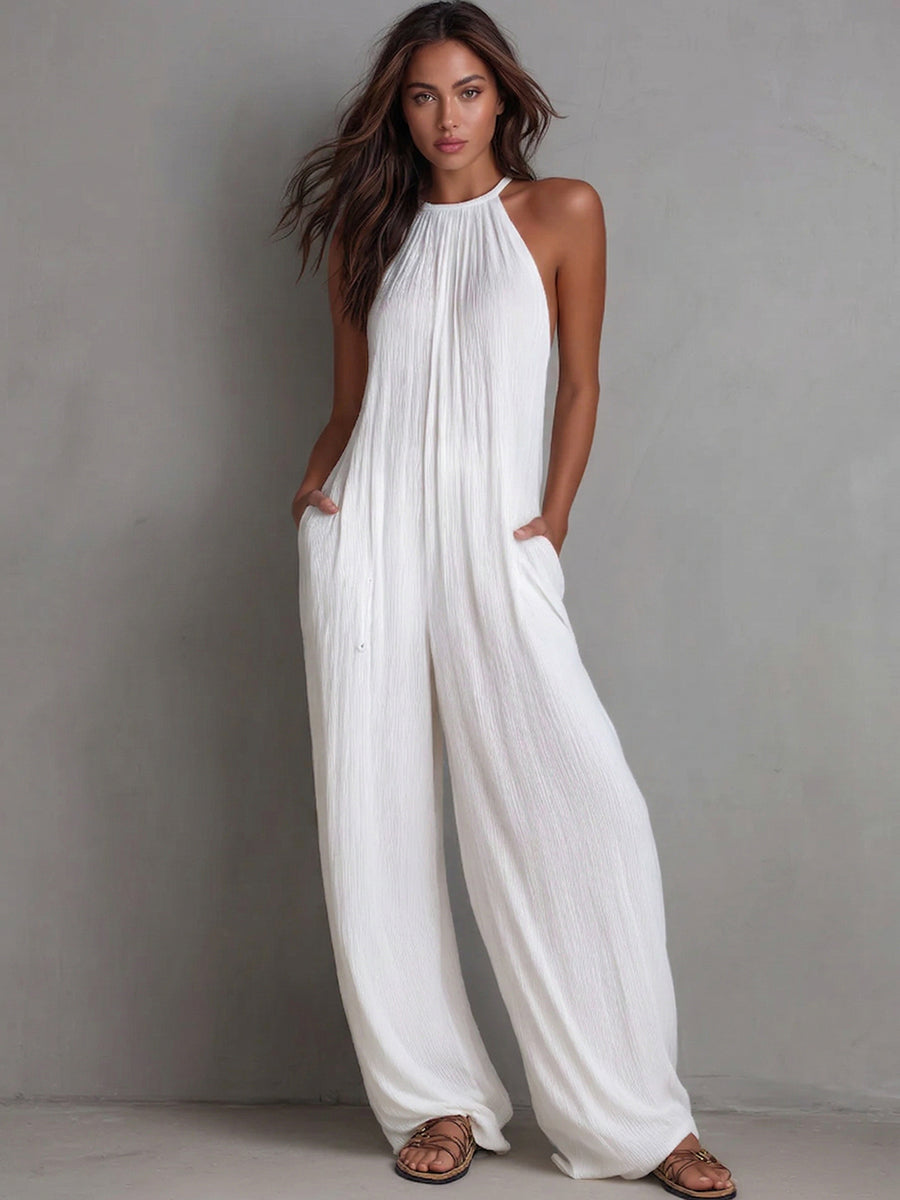 Minimalist Halter-neck Loose Cotton-linen Jumpsuit