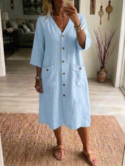 Casual Linen And Cotton Button-down Dress