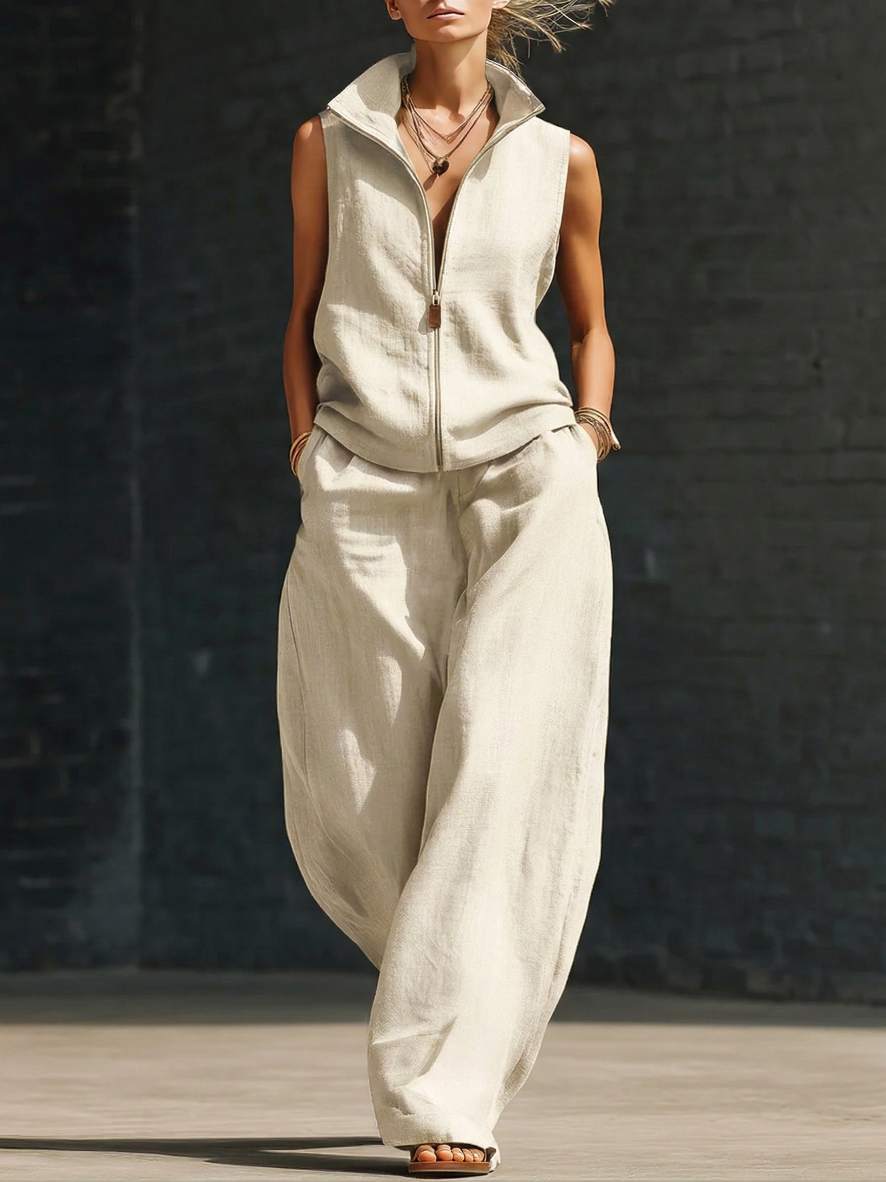 Stylish Stand-up Collar Zipper Linen Cotton Two-piece Set