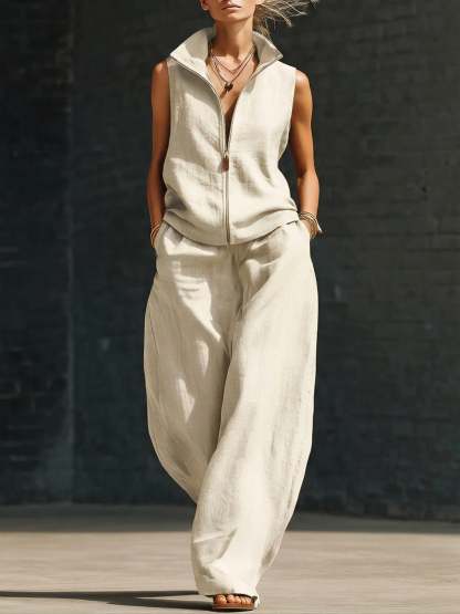 Stylish Stand-up Collar Zipper Linen Cotton Two-piece Set