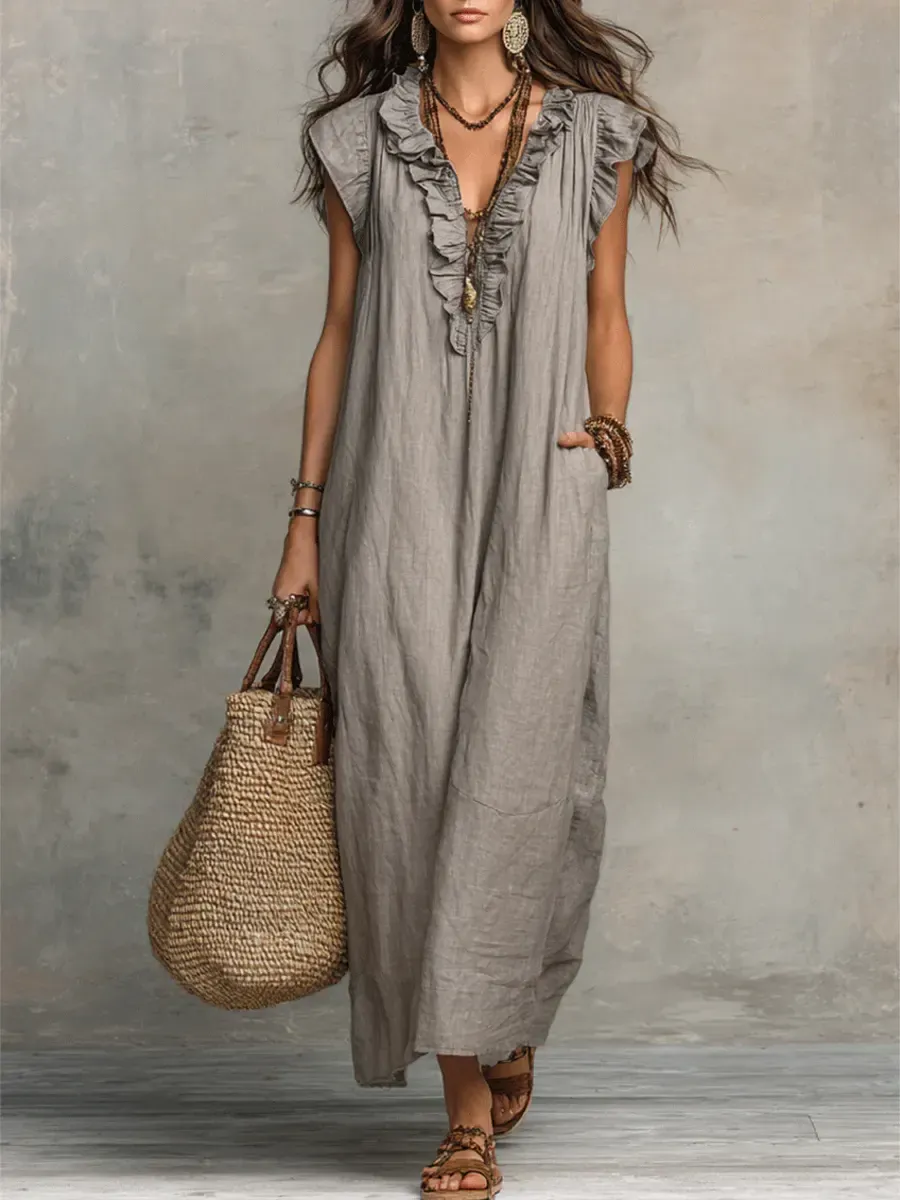 Women's Solid Color Ruffled Art Casual Fashion Cozy Cotton Linen Dress
