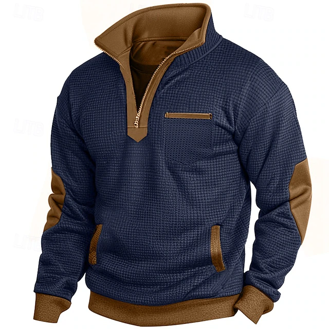 Men's Zip Up Sweatshirt Waffle Sweatshirt Pullover Black Navy Blue Half Zip Plain Pocket Casual Daily Work Polyester Active Vintage Cool Spring Fall Clothing Apparel Hoodies Sweatshirts Long Sleeve