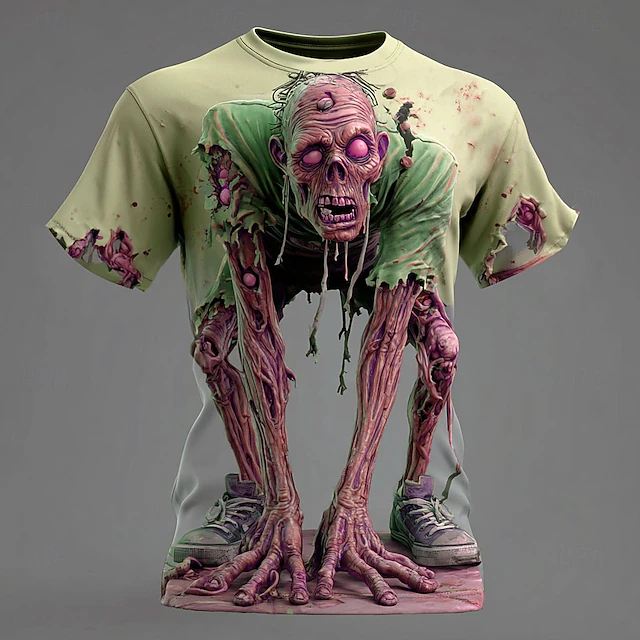 Halloween Men's Optical Illusion Zombies 3D T Shirt Short Sleeve T shirt 3D Print Crew Neck Shirt Exaggerated Designer Horror Party Street Holiday Yellow Blue Purple Summer Spring All Seasons