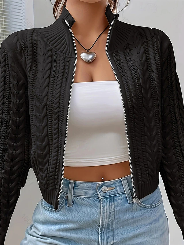 omen's Sweater Cardigan Elegant Fashion Cute Solid Color Stand Collar Zipper Knitted Print Long Sleeve Regular Tops Knit Daily Outdoor Holiday White Wine Red Fall Winter