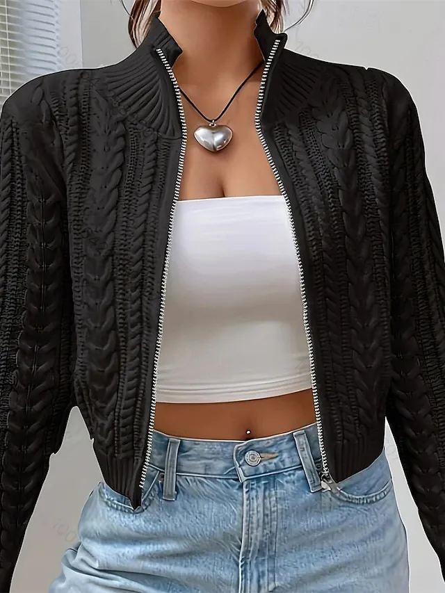omen's Sweater Cardigan Elegant Fashion Cute Solid Color Stand Collar Zipper Knitted Print Long Sleeve Regular Tops Knit Daily Outdoor Holiday White Wine Red Fall Winter