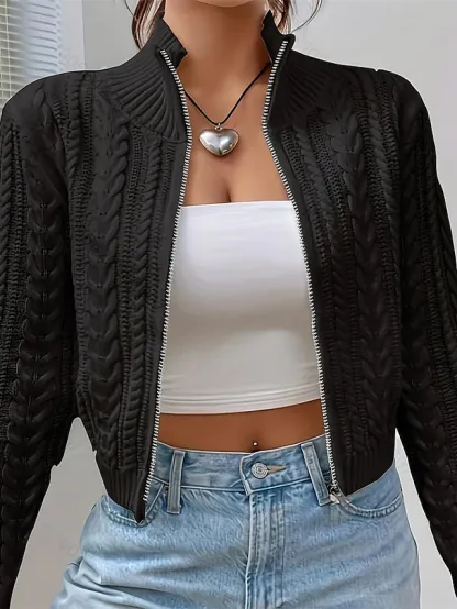 omen's Sweater Cardigan Elegant Fashion Cute Solid Color Stand Collar Zipper Knitted Print Long Sleeve Regular Tops Knit Daily Outdoor Holiday White Wine Red Fall Winter