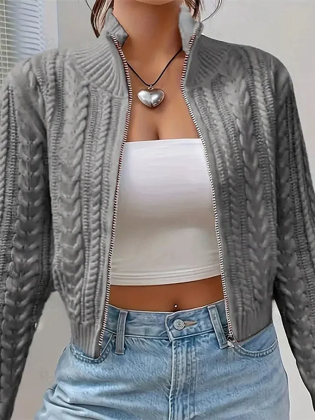 omen's Sweater Cardigan Elegant Fashion Cute Solid Color Stand Collar Zipper Knitted Print Long Sleeve Regular Tops Knit Daily Outdoor Holiday White Wine Red Fall Winter