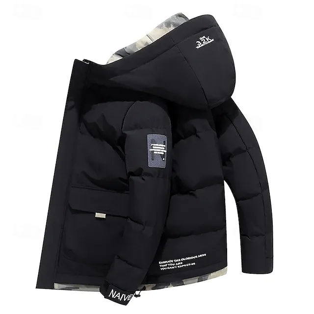 Men's Winter Coat Puffer Jacket Quilted Jacket Padded Hooded Leisure Sports Going out Windproof Fall & Winter Solid / Plain Color Black Blue Khaki Puffer Jacket
