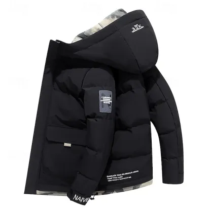 Men's Winter Coat Puffer Jacket Quilted Jacket Padded Hooded Leisure Sports Going out Windproof Fall & Winter Solid / Plain Color Black Blue Khaki Puffer Jacket