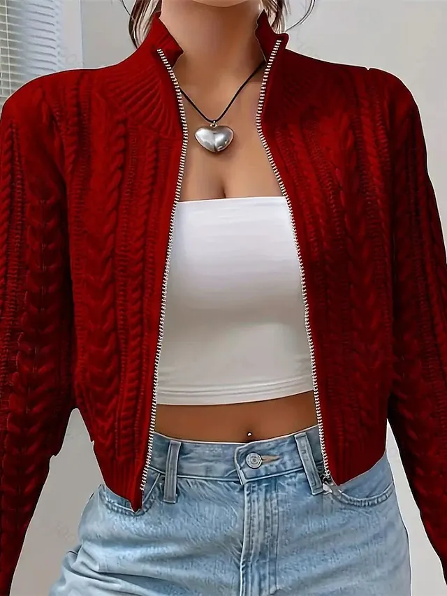 omen's Sweater Cardigan Elegant Fashion Cute Solid Color Stand Collar Zipper Knitted Print Long Sleeve Regular Tops Knit Daily Outdoor Holiday White Wine Red Fall Winter
