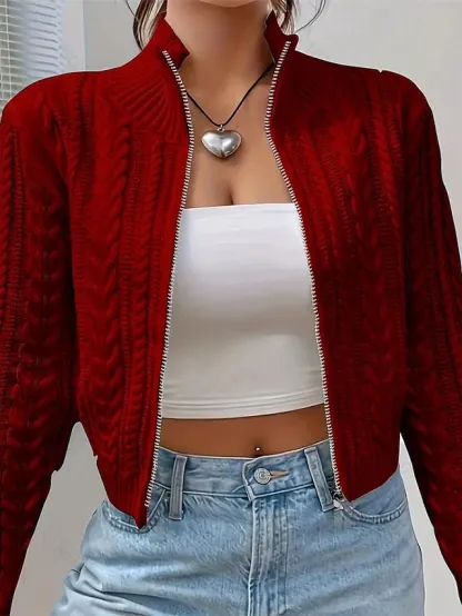 omen's Sweater Cardigan Elegant Fashion Cute Solid Color Stand Collar Zipper Knitted Print Long Sleeve Regular Tops Knit Daily Outdoor Holiday White Wine Red Fall Winter