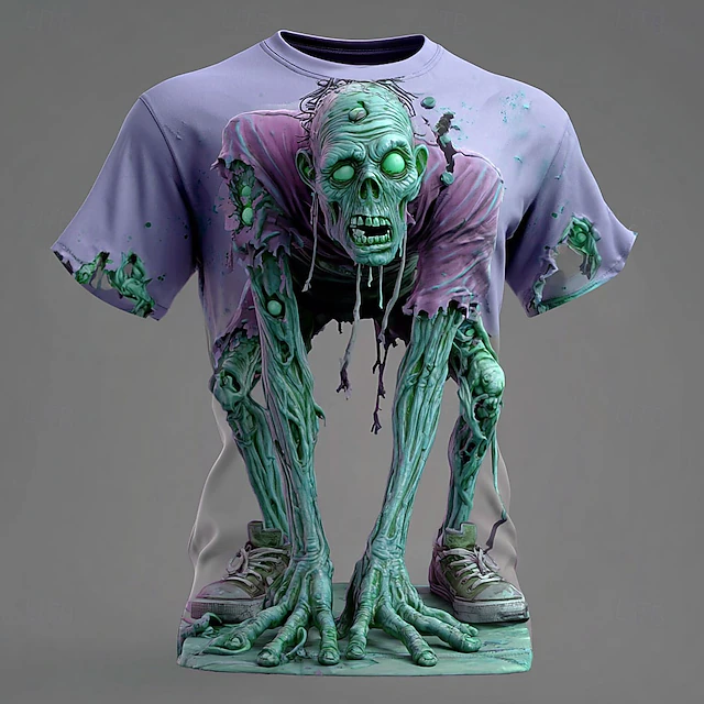 Halloween Men's Optical Illusion Zombies 3D T Shirt Short Sleeve T shirt 3D Print Crew Neck Shirt Exaggerated Designer Horror Party Street Holiday Yellow Blue Purple Summer Spring All Seasons