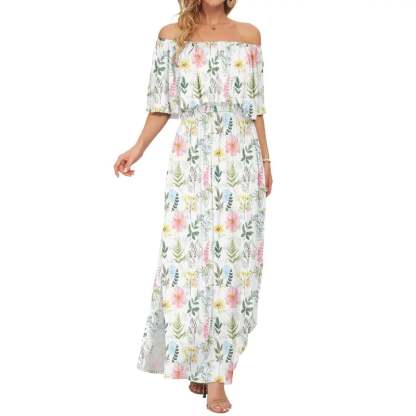 Women's Off The Shoulder Dress Wedding Guest Dress Summer Casual Long Ruffle Party Side Split Beach Maxi Dresses with Pockets