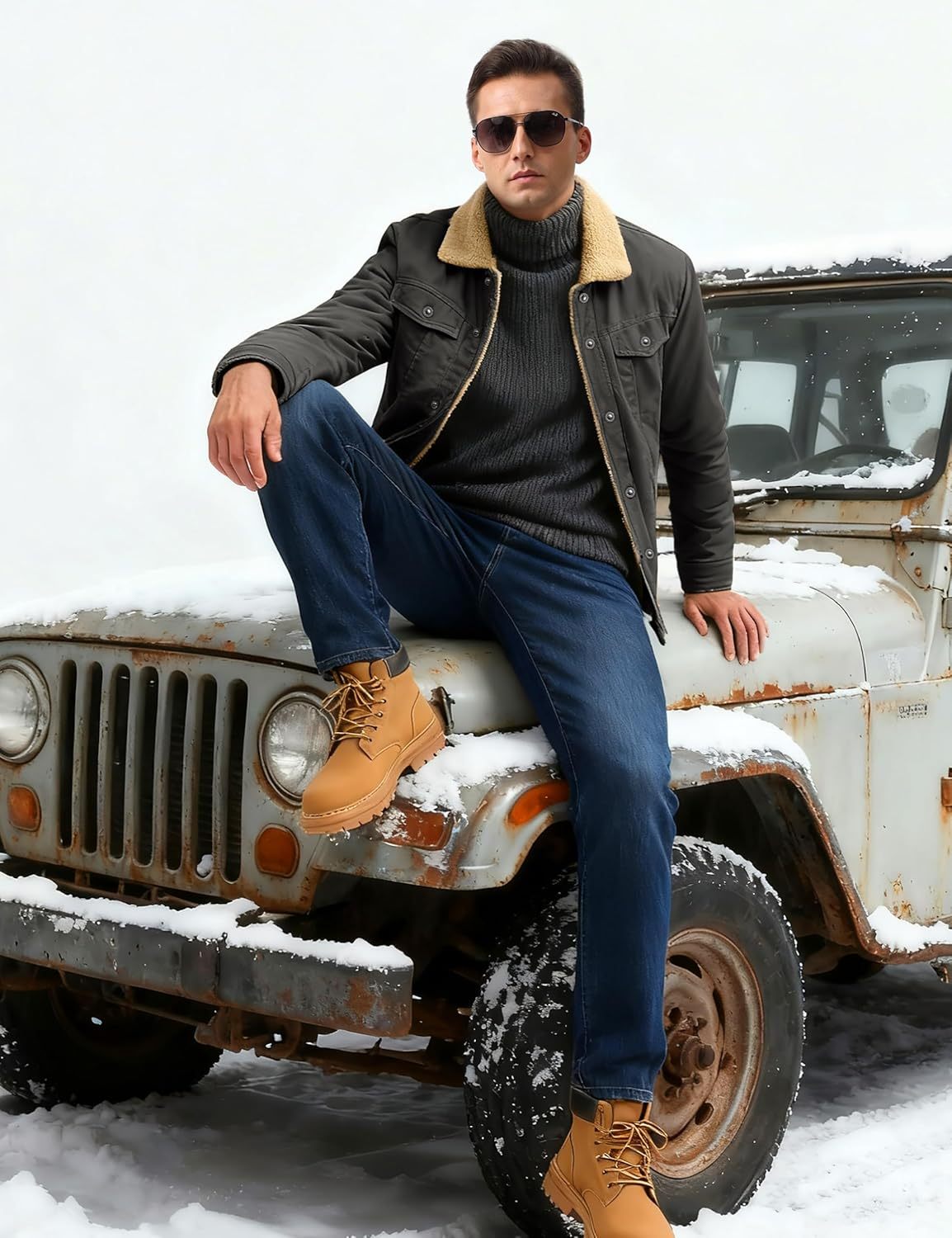 TACVASEN Mens Winter Jacket Thick Thermal Sherpa Jacket Warm Lapel Fleece Lined Coats Trucker Work Cargo Multi Pockets