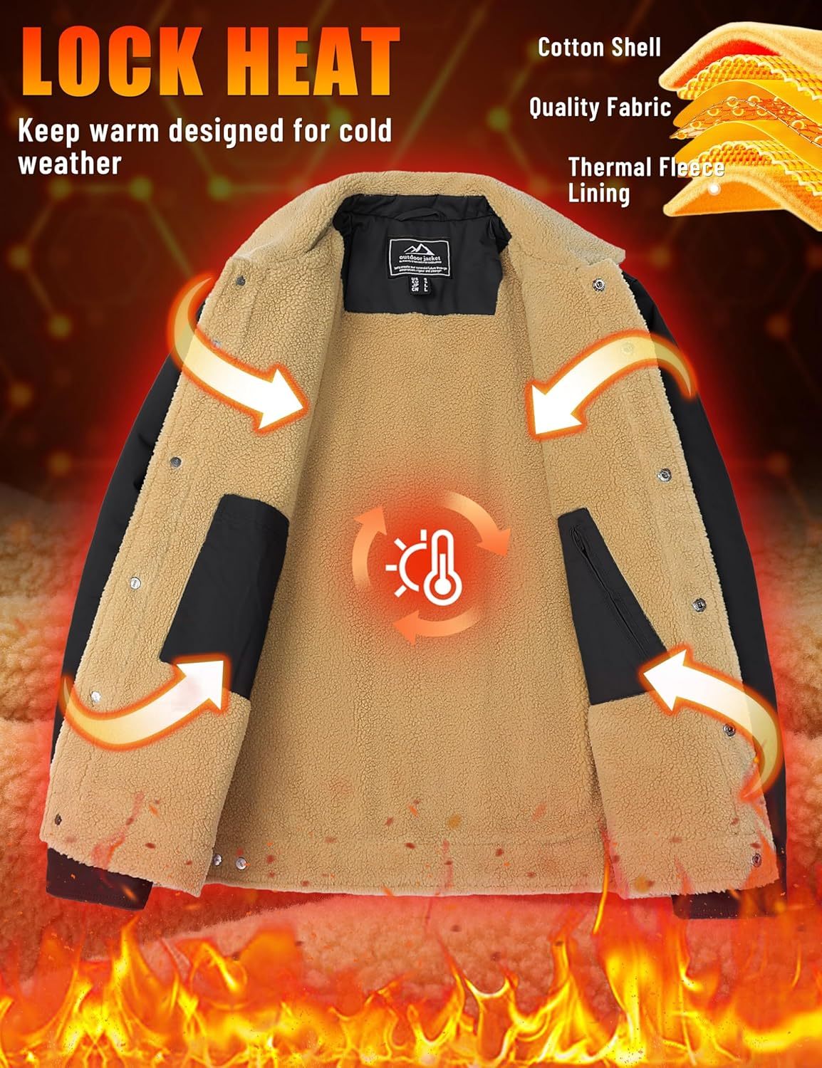 TACVASEN Mens Winter Jacket Thick Thermal Sherpa Jacket Warm Lapel Fleece Lined Coats Trucker Work Cargo Multi Pockets