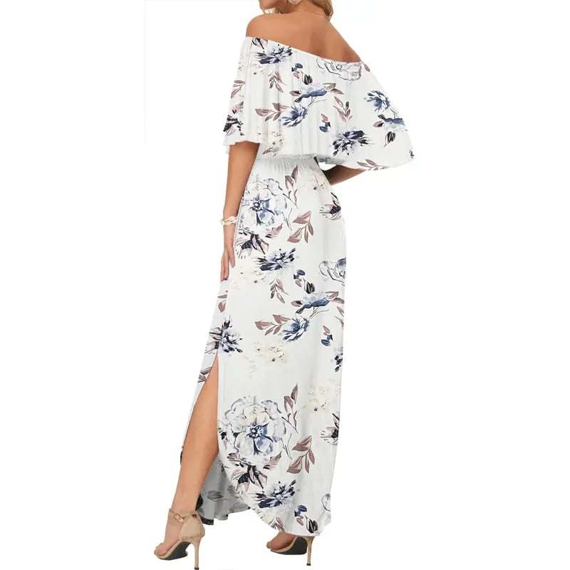 Women's Off The Shoulder Dress Wedding Guest Dress Summer Casual Long Ruffle Party Side Split Beach Maxi Dresses with Pockets