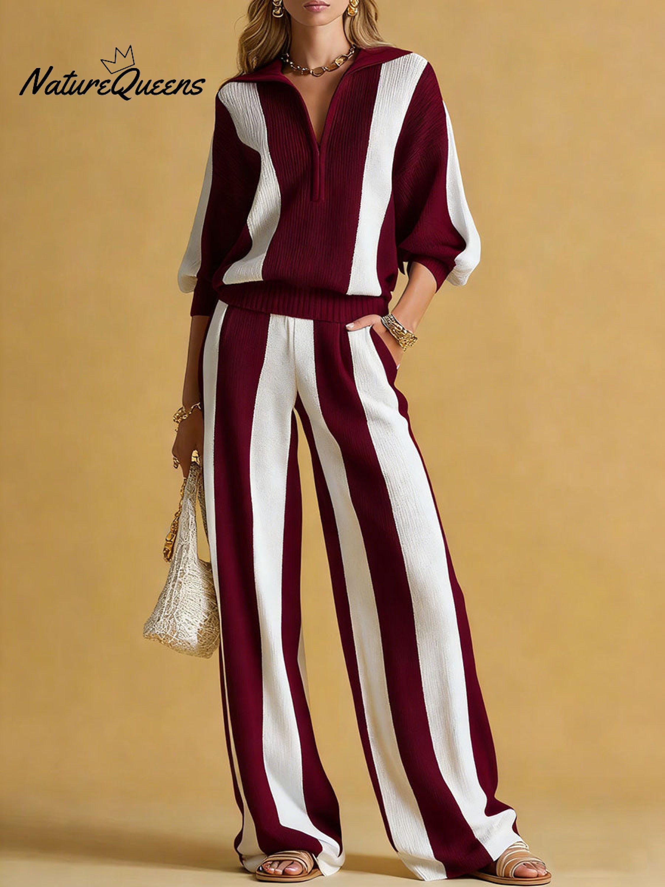 Women's Striped Print Cardigan Collar Three-quarter Sleeve Knitted Top And High-waisted Casual Loose Wide-leg Pants Knitted Set.