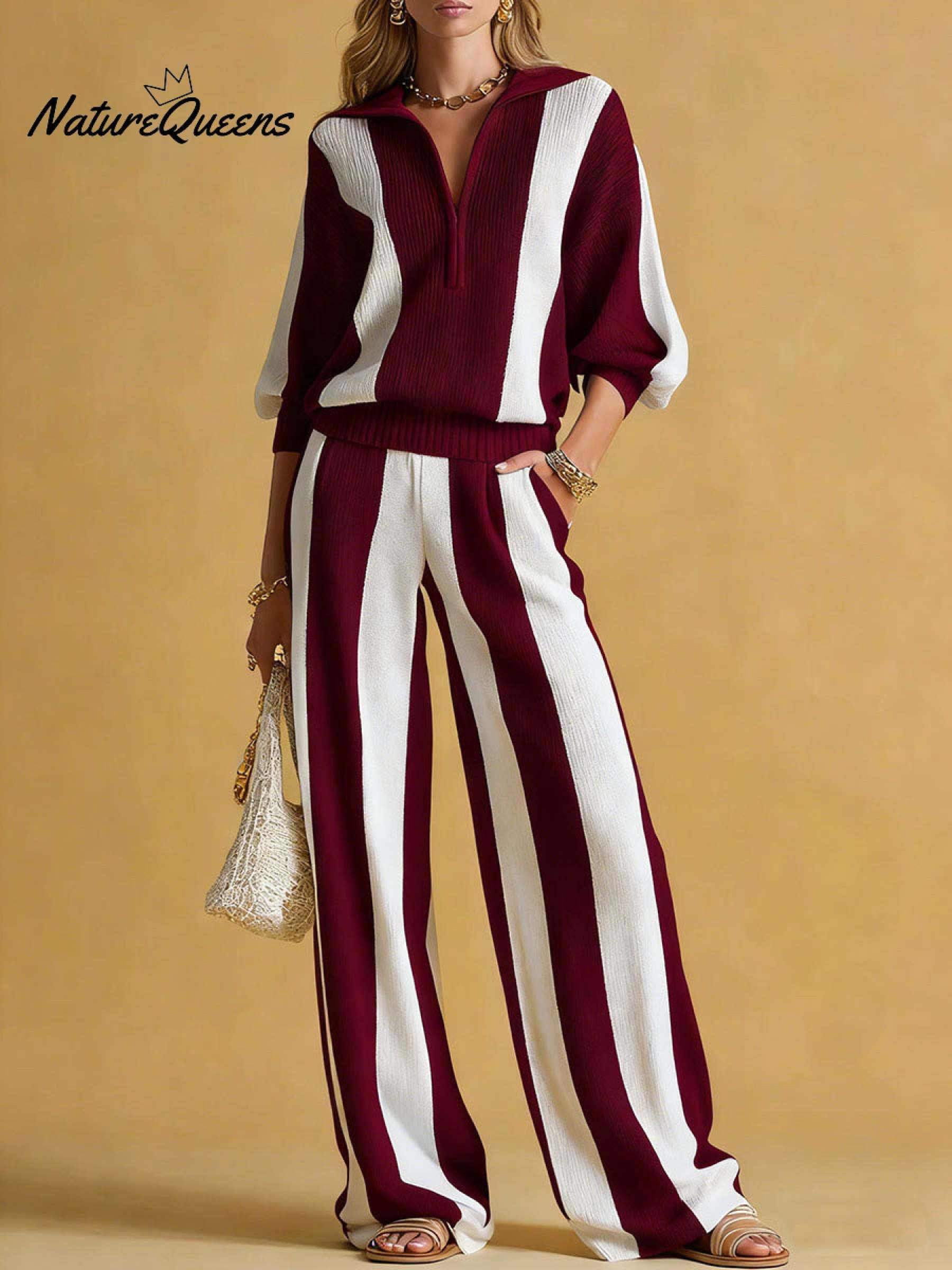 Women's Striped Print Cardigan Collar Three-quarter Sleeve Knitted Top And High-waisted Casual Loose Wide-leg Pants Knitted Set.