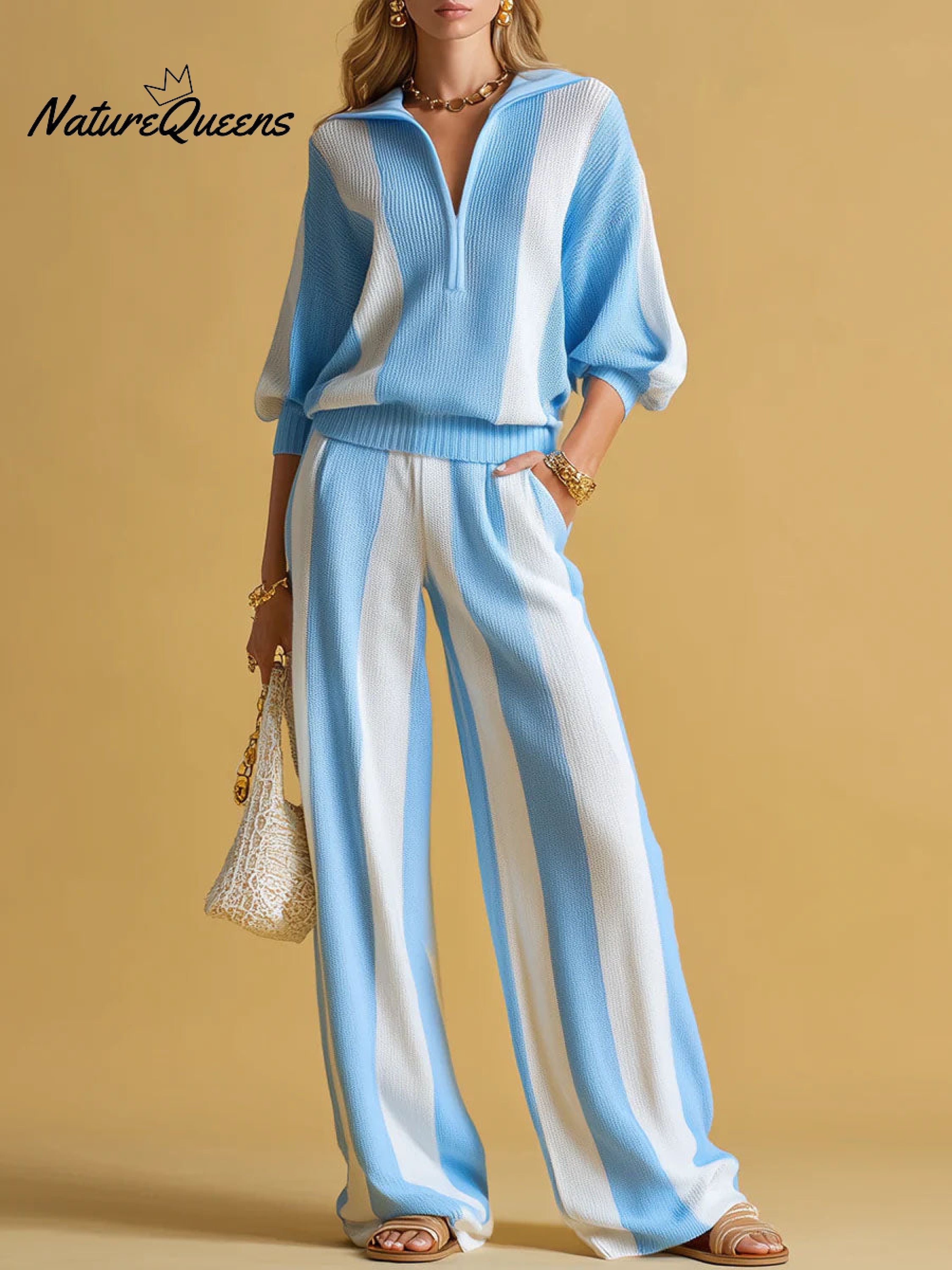 Women's Striped Print Cardigan Collar Three-quarter Sleeve Knitted Top And High-waisted Casual Loose Wide-leg Pants Knitted Set.