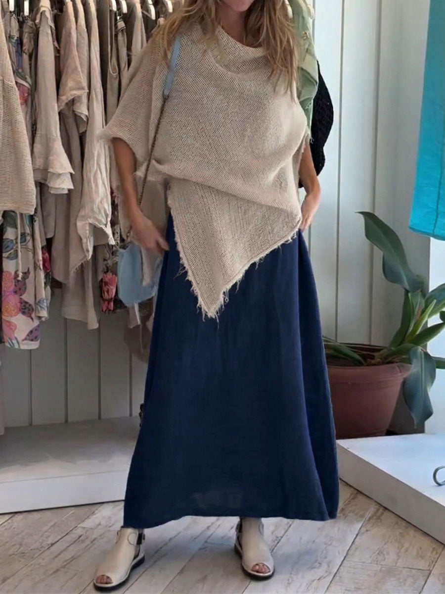 Women's Solid-color Round-neck Sleeveless Casual Loose Cotton-linen Dress & Round-neck 3/4-sleeve Blouse Set