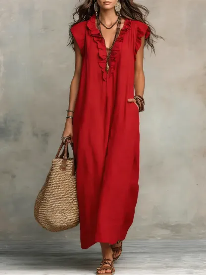 Women's Solid Color Ruffled Art Casual Fashion Cozy Cotton Linen Dress