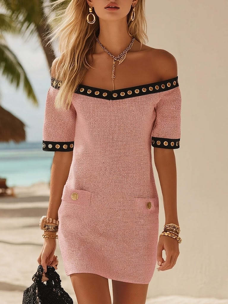 French-style Off-shoulder Knitted Mini Dress With Metal Ring Detail