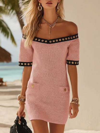 French-style Off-shoulder Knitted Mini Dress With Metal Ring Detail