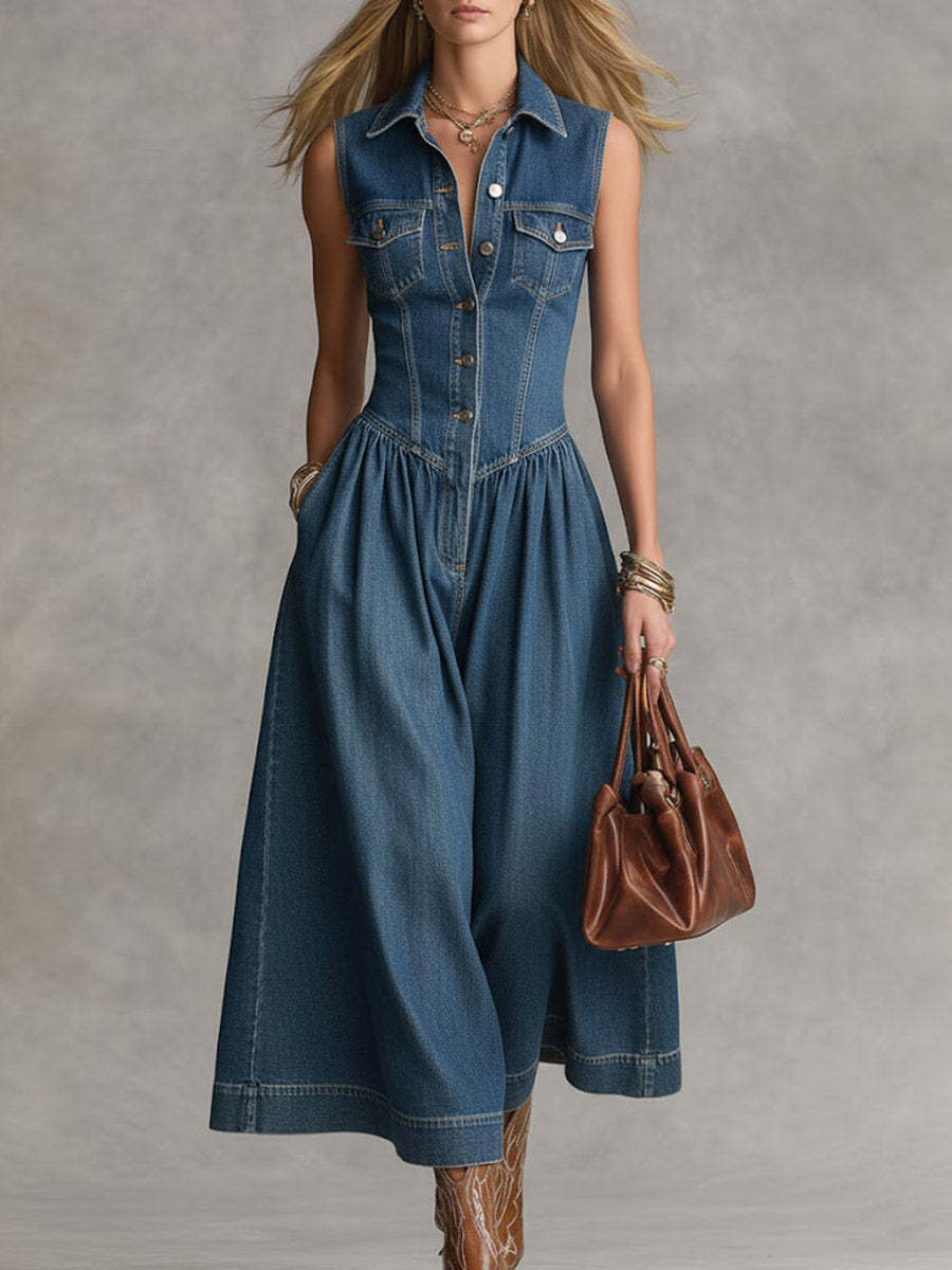 Women's Sleeveless Casual Loose Denim Wide-leg Jumpsuit With Lapel Col