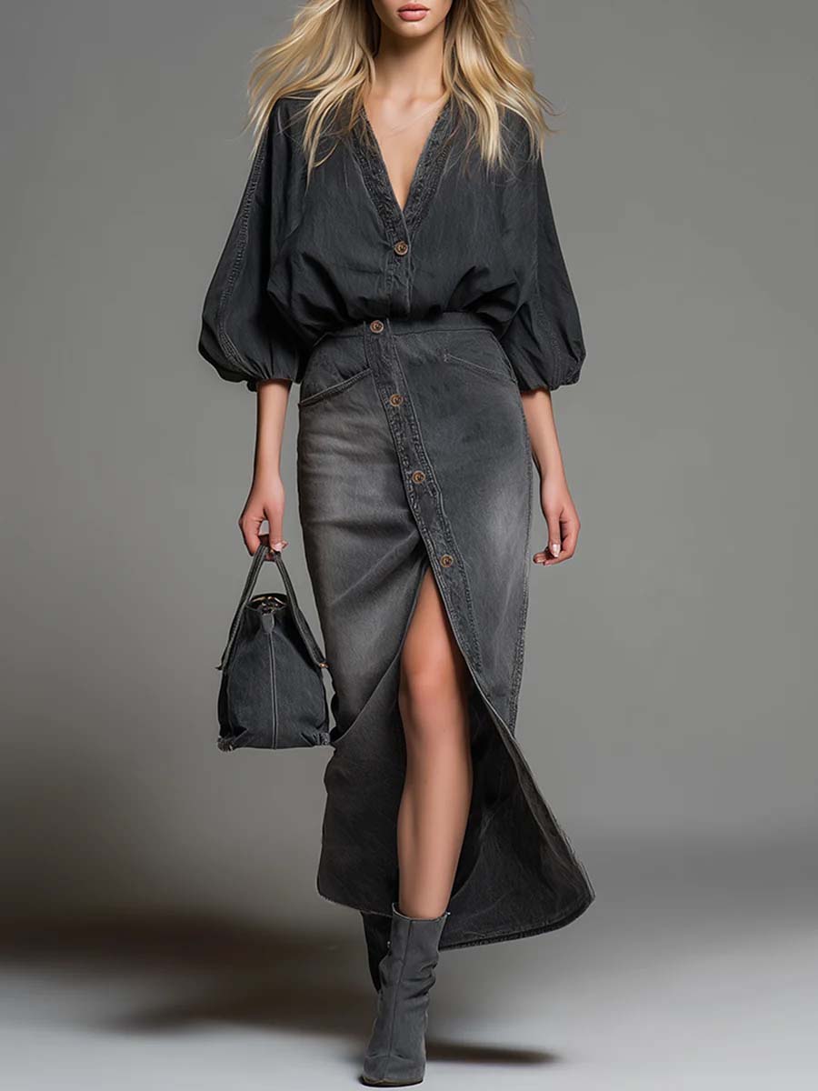 Women's V-neck 3/4 Sleeve Denim Top And High-waisted Casual Loose Denim Skirt Set